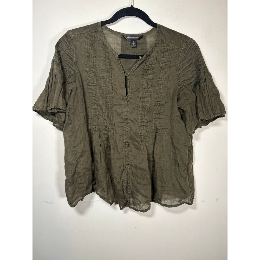 Banana Republic Top Olive Green Ramie Pintuck Pleated Button Down Earthy Small